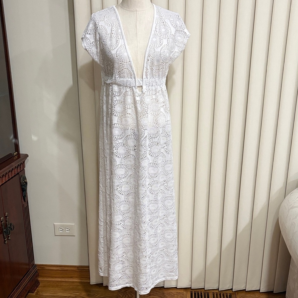 White cut out Maxi Cover-Up beach Dress V neck empire elastic waist side slits M